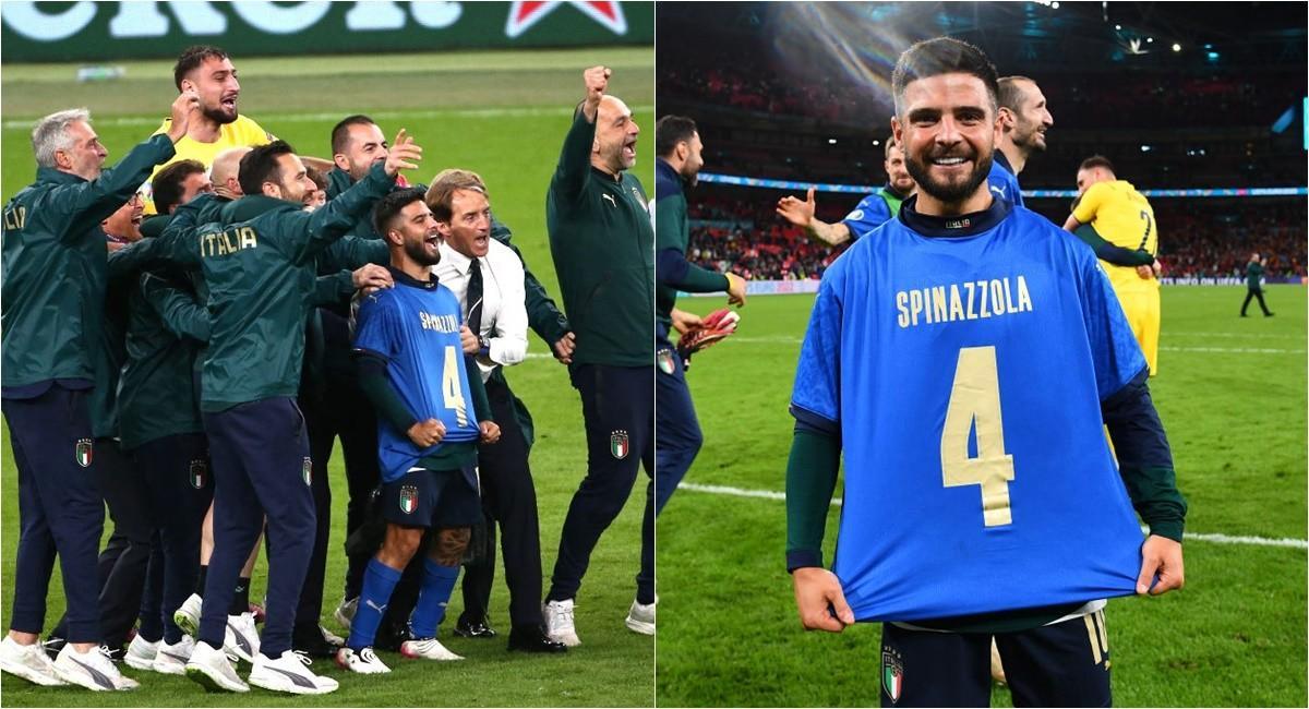 Lo staff festeggia con Insigne e Donnarumma @Foto Mancini; Insigne con la maglia di Spinazzola @Foto Getty