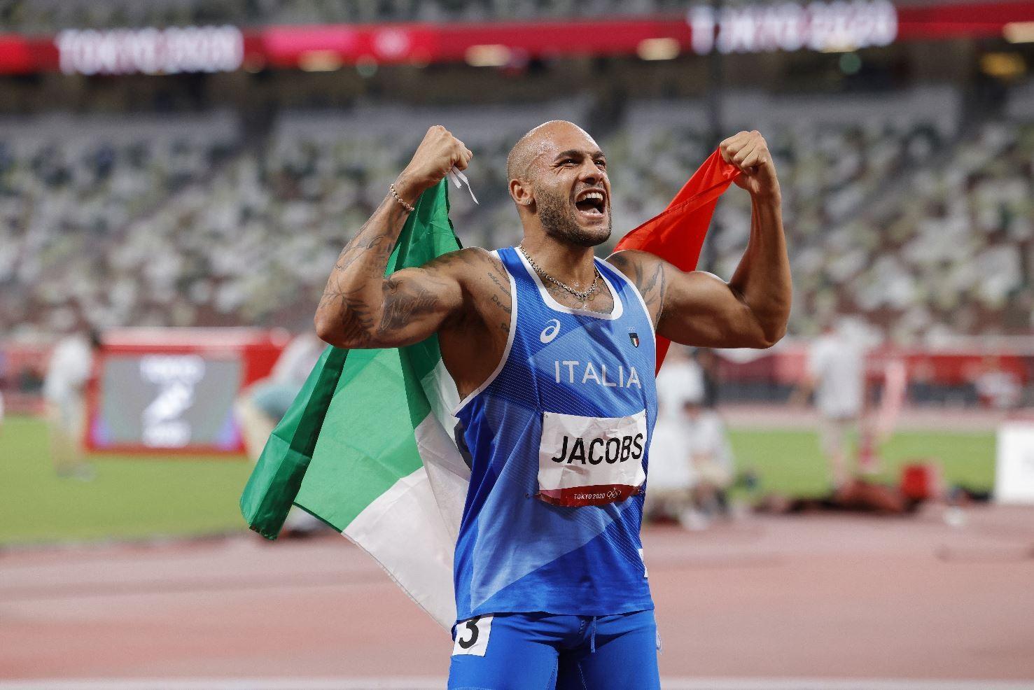 La gioia di Marcell Jacobs dopo la vittoria nella finale dei 100 metri @Getty Images