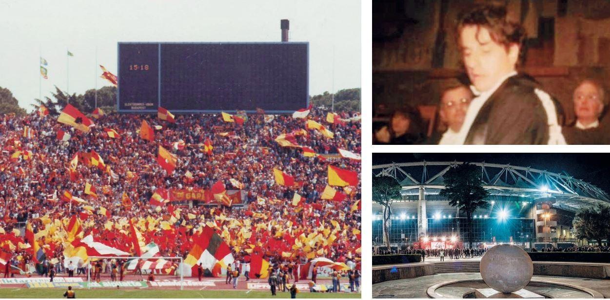 A sinistra, la Curva Sud negli Anni 80, prima delle misure restrittive; a destra, dall’alto: l’avvocato Luca Maggi; l’esterno dello Stadio Olimpico @Getty, Mancini