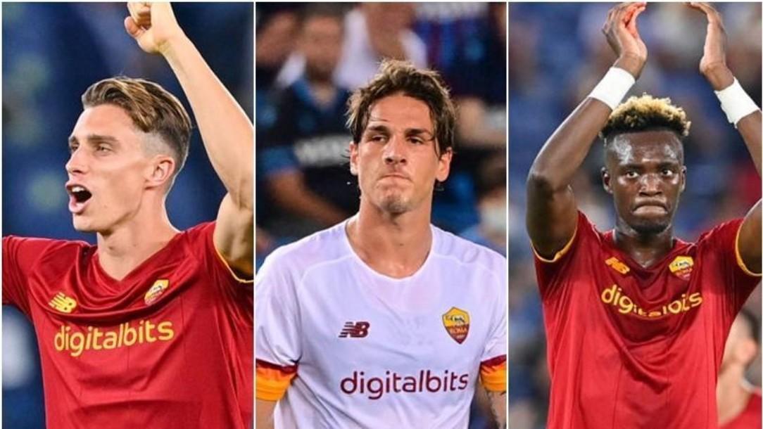 Calafiori (19 anni), Zaniolo (22) e Abraham (23) (Foto: As Roma via Getty Images)