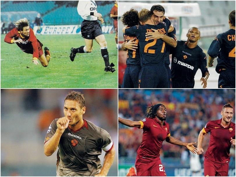 Gerolin gira di testa nel 5-0 contro il Bordeaux della stagione 1990-1991; la squadra esulta dopo un gol segnato al Vardar nel 2003; Totti festeggia la rete del momentaneo 2-0 contro lo Shakhtar Donetsk nella Champions League 2006-2007; Gervinhho e Totti 