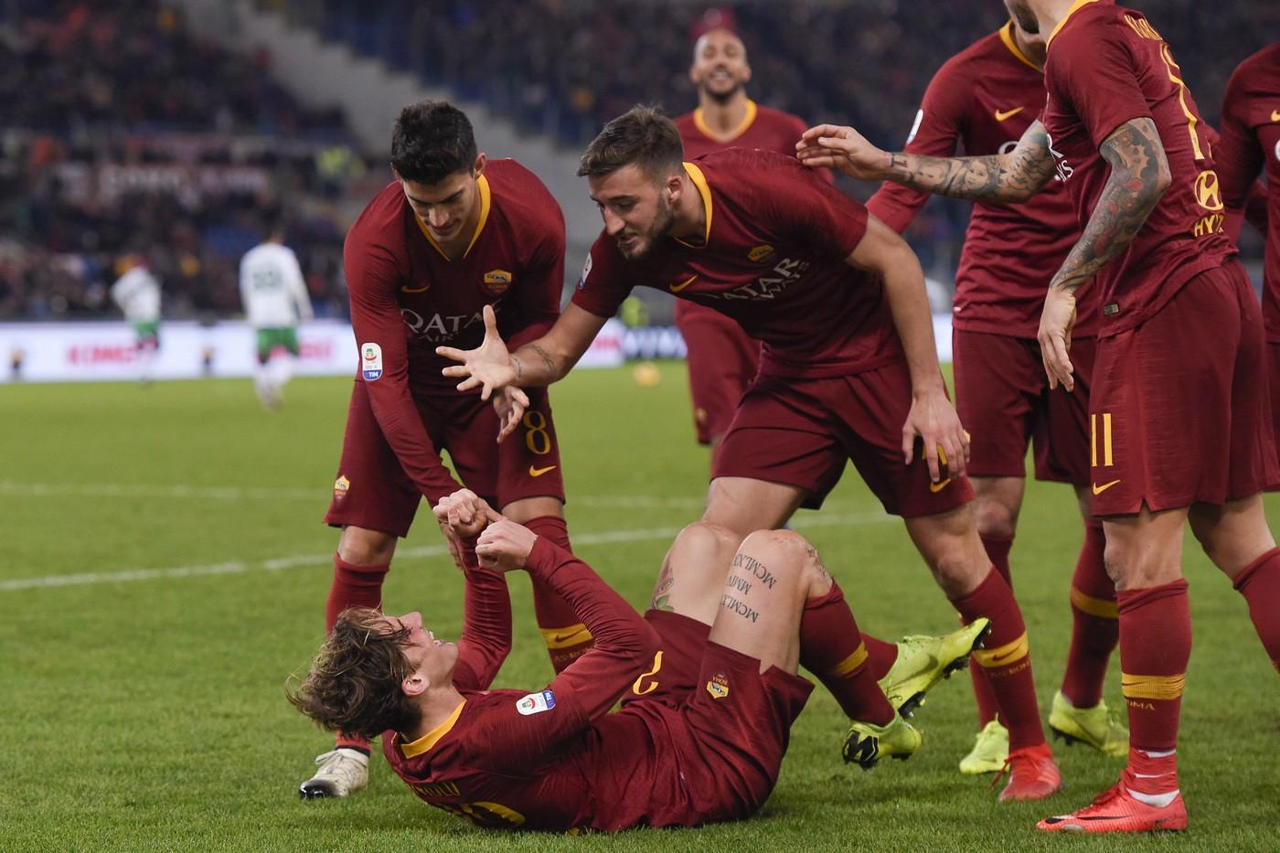 L'esultanza dei giallorossi al gol di Zaniolo, di LaPresse