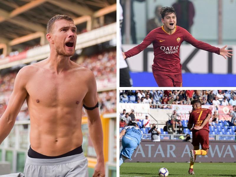 Le esultanze di Dzeko e Ünder e il colpo di tacco di Lorenzo Pellegrini, di LaPresse