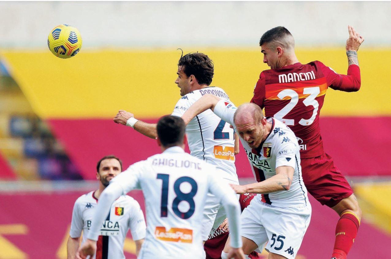 7 marzo 2021: con questo stacco di testa Mancini segna il gol della vittoria sul Genoa, ultimo lunch match della Roma @Getty Images