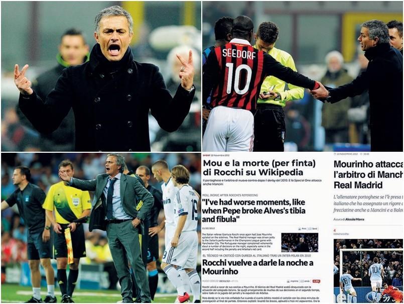 dall’alto,  lo Special One indica le due espulsioni subite dalla sua Inter nel derby del 2009-10; nella stessa sfida, con il rossonero Seedorf e l’arbitro; nel corso della gara di Champions fra il suo Real Madrid e il City, diretta ancora  da Rocchi nella