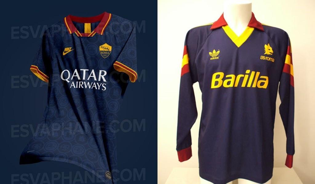 L'anticipazione della terza maglia 2019-20 e quella usata a Monaco-Roma del 1992 (foto collezione Mirko Serini - asromashirt.it)