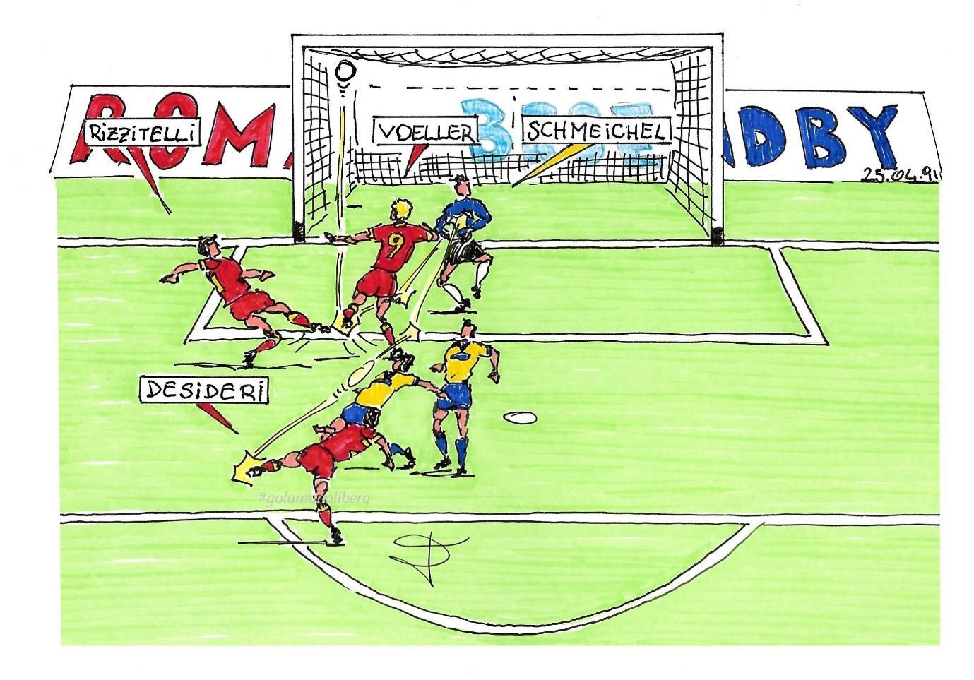 Il gol di Voeller al Broendby disegnato da Luciano Scorza
