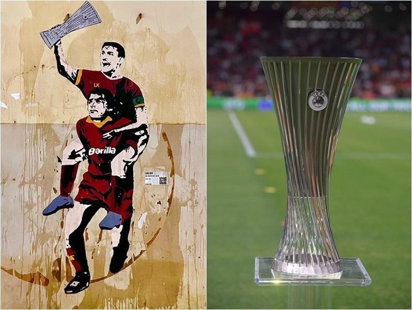 A sinistra, la nuova opera di Laika; a destra il trofeo della Conference League (As Roma via Getty Images)