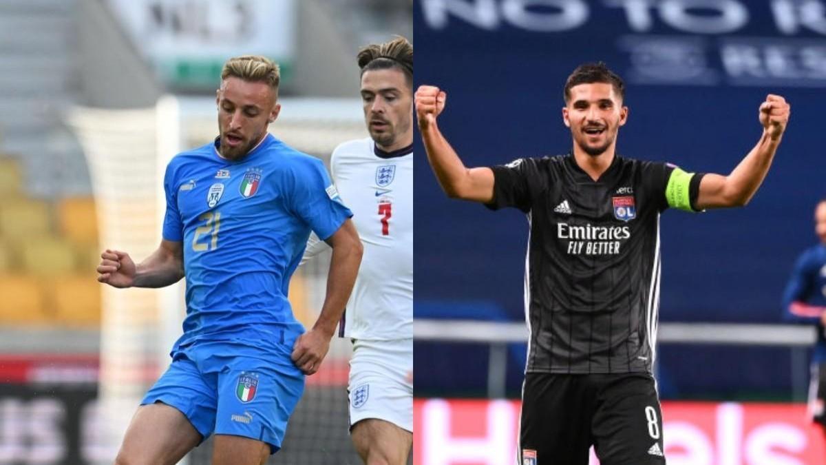 Davide Frattesi con l'Italia e Houssem Aouar con il Lione (Gettu Images)