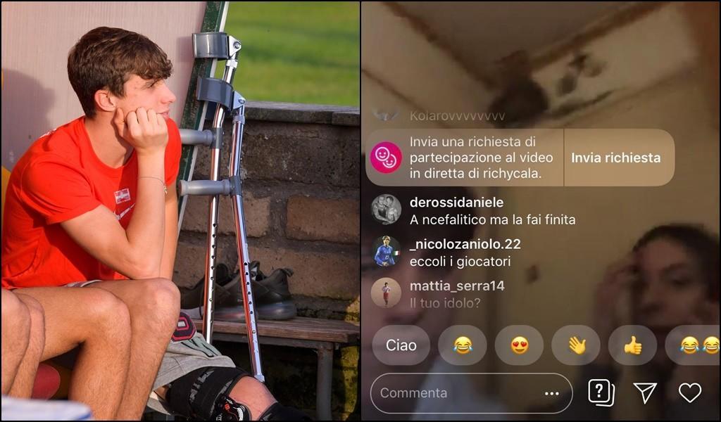 Calafiori e uno screen della sua diretta, di LaPresse