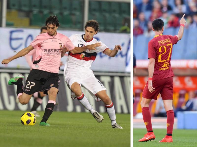 A sinistra Pastore in azione con la maglia del Palermo, a destra l'esultanza dopo il gol al Cagliari, di LaPresse