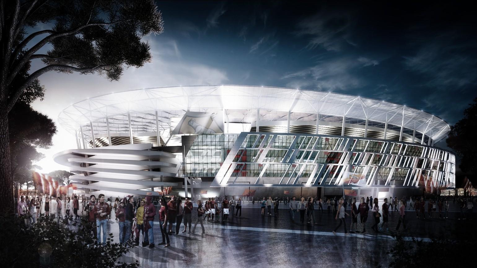 Un rendering  dello Stadio  della Roma previsto a Tor di Valle