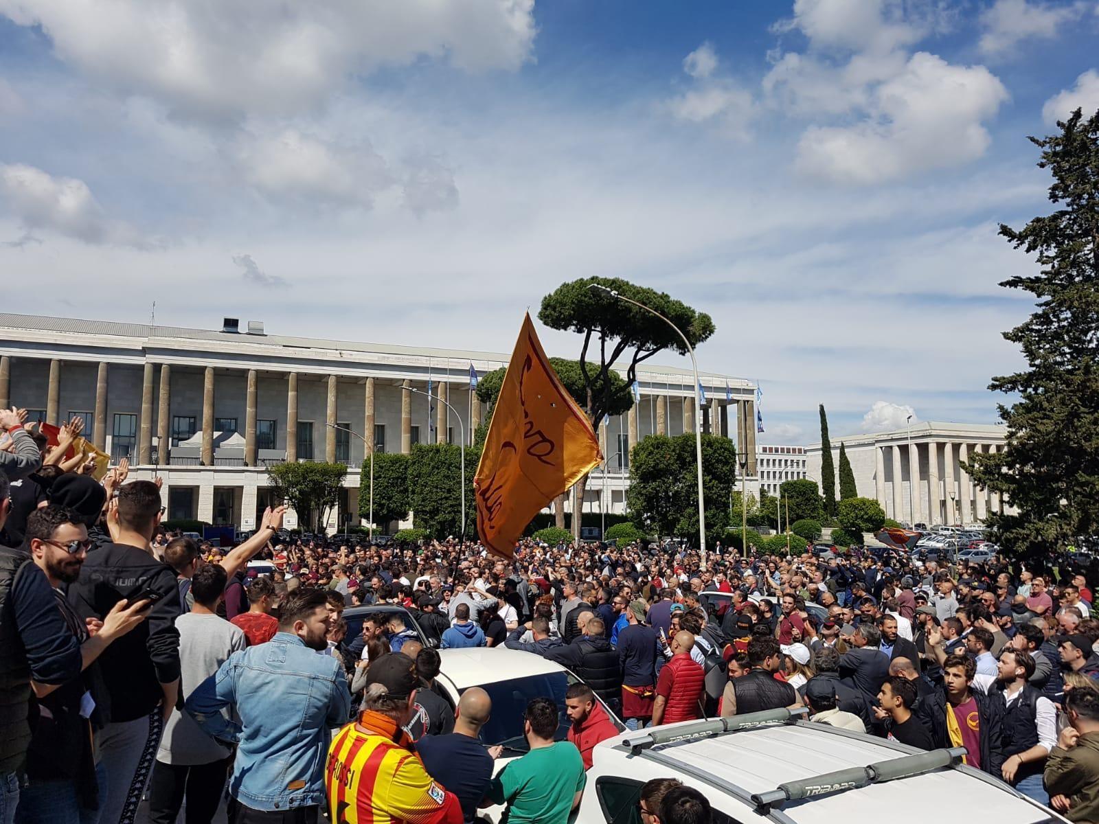 Un'immagine della protesta di oggi all'Eur