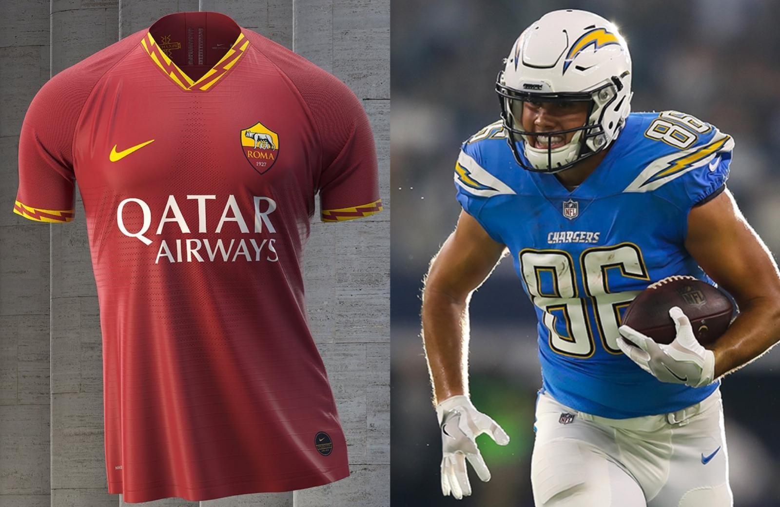 Le maglie di Roma e Los Angeles Chargers messe a confronto