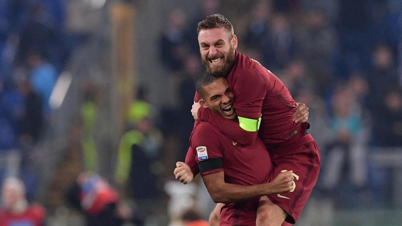 Juan Jesus e De Rossi esultano in un derby del 2016, di LaPresse