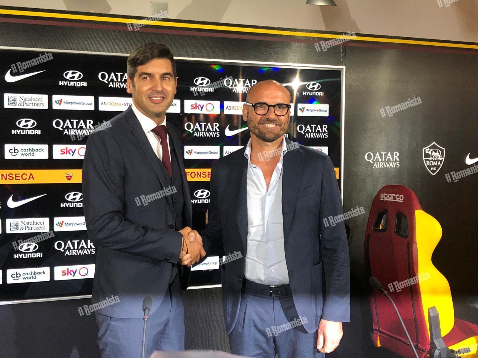 Fonseca insieme a Petrachi nella conferenza stampa a Trigoria