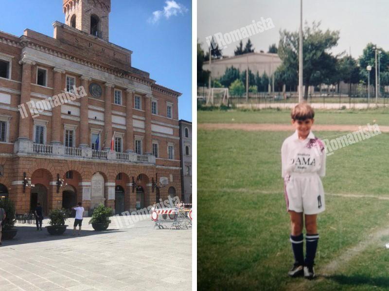 Piazza della Repubblica e un piccolo Leonardo Spinazzola con la maglia della Virtus Foligno