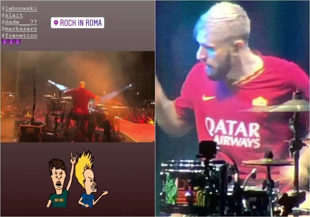 Il batterista, Jacopo Volpe, sul palco con la maglia della Roma