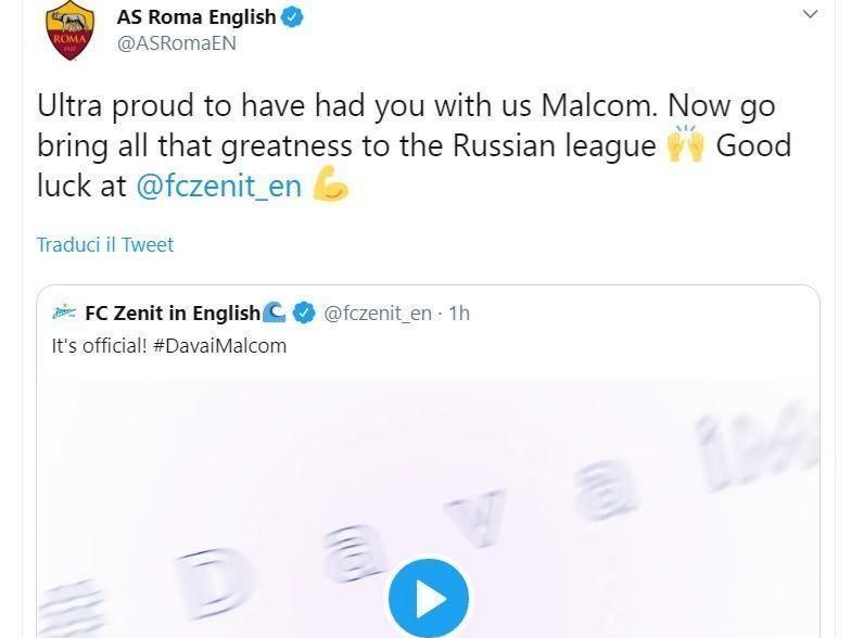 Il tweet di AS Roma English in risposta al video di presentazione di Malcom allo Zenit