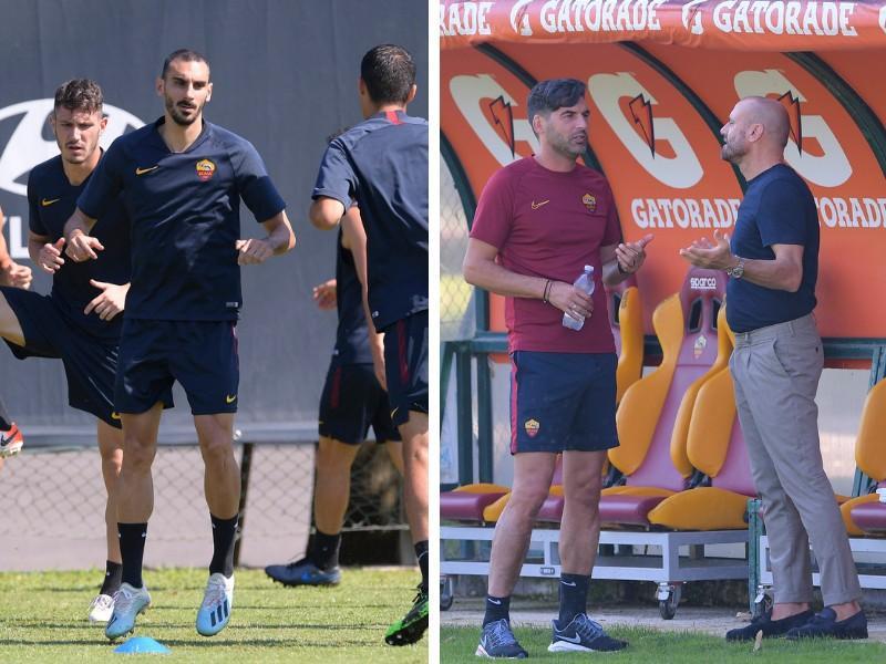 A sinistra: Zappacosta al primo allenamento a Trigoria; a destra: Fonseca e Petrachi, di LaPresse