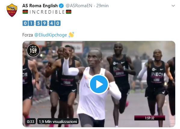 Il tweet della Roma per l'impresa di Eliud Kipchoge, primo uomo ad aver percorso la maratona in meno di due ore