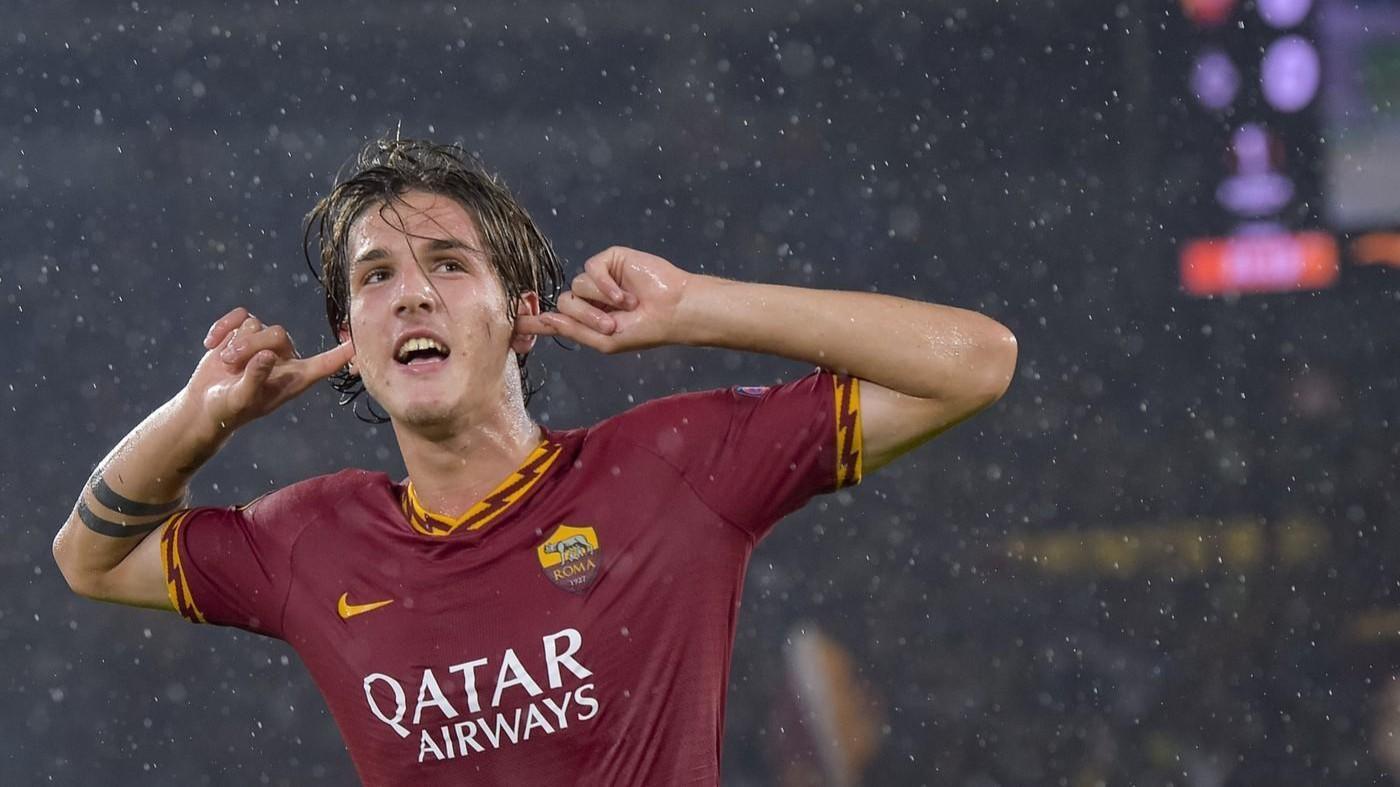 L'esultanza di Zaniolo dopo il gol al Borussia, di LaPresse