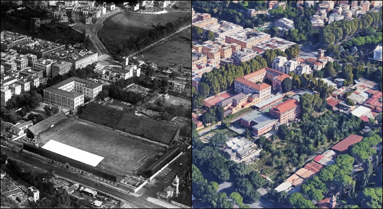 Campo Testaccio all'epoca e l'area come appare oggi da Google Maps