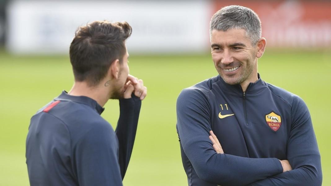 Pellegrini e Kolarov insieme durante la seduta di allenamento odierna a Trigoria, di LaPresse