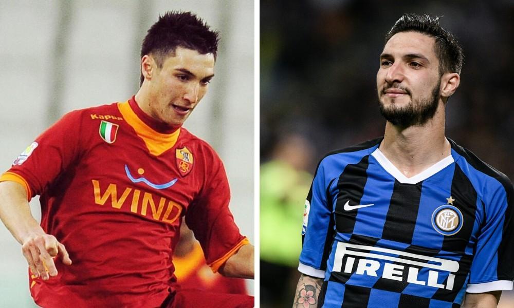 Matteo Politano con la maglia della Roma e con quella dell'Inter