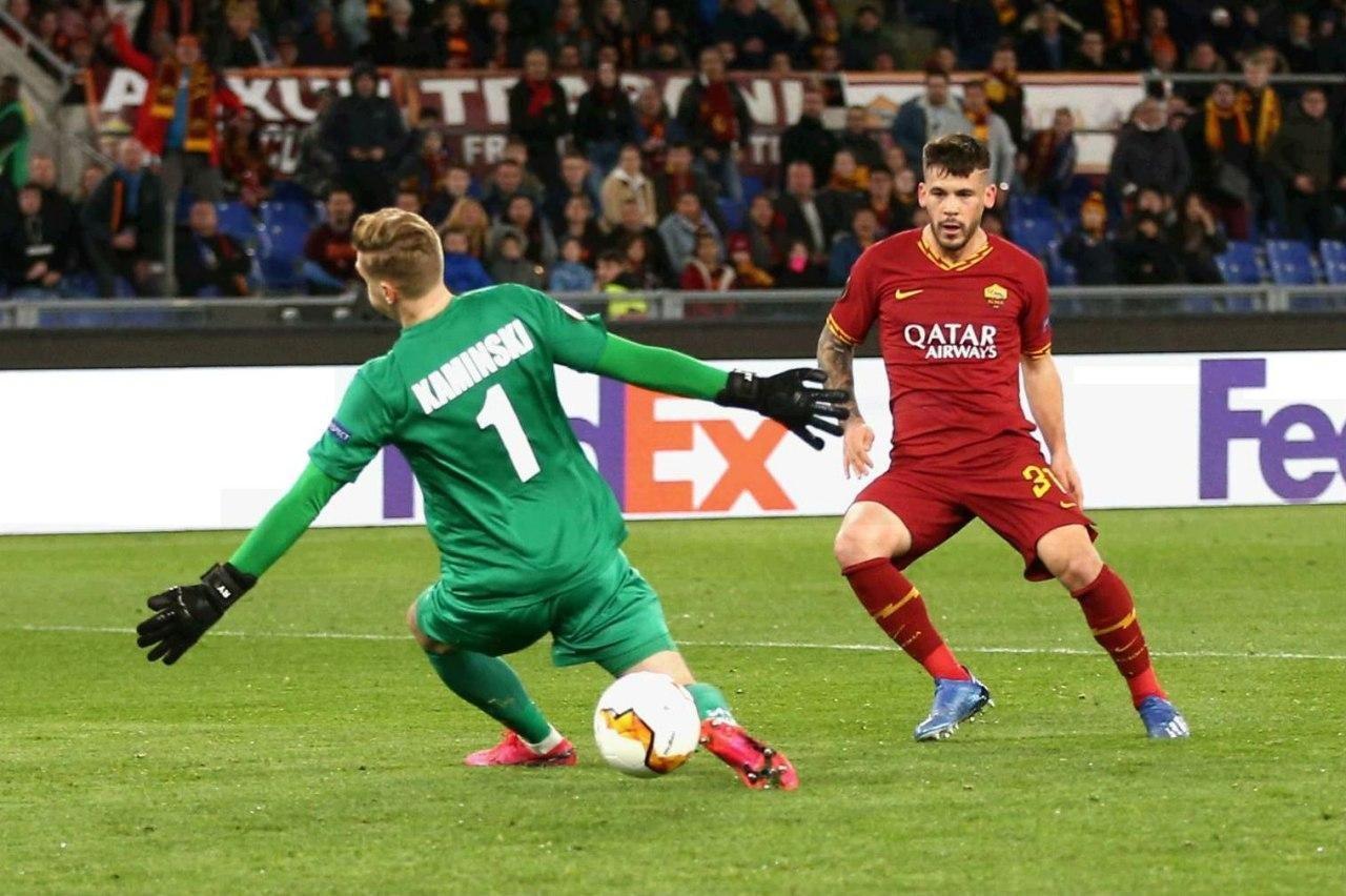 Carles Perez in gol nella partita Roma-Gent, di Mancini
