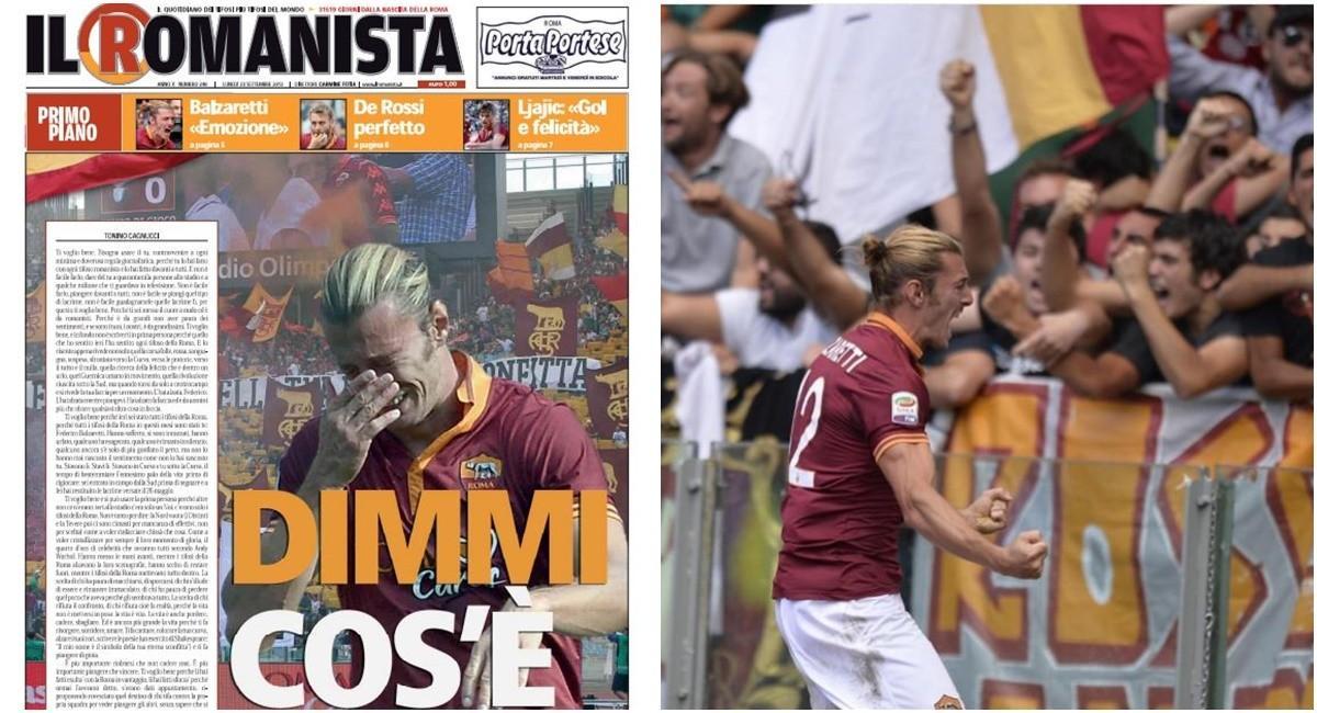 A sinistra, la prima pagina de Il Romanista del 23 settembre 2013; a destra Balzaretti esulta dopo il gol nel derby del giorno prima