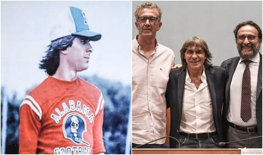 A sinistra una foto di repertorio di Bruno Conti mentre gioca a baseball; a destra Bruno Conti insieme al sindaco di Nettuno Alessandro Coppola e il Vicesindaco Alessandro Mauro @Valerio Cosmi