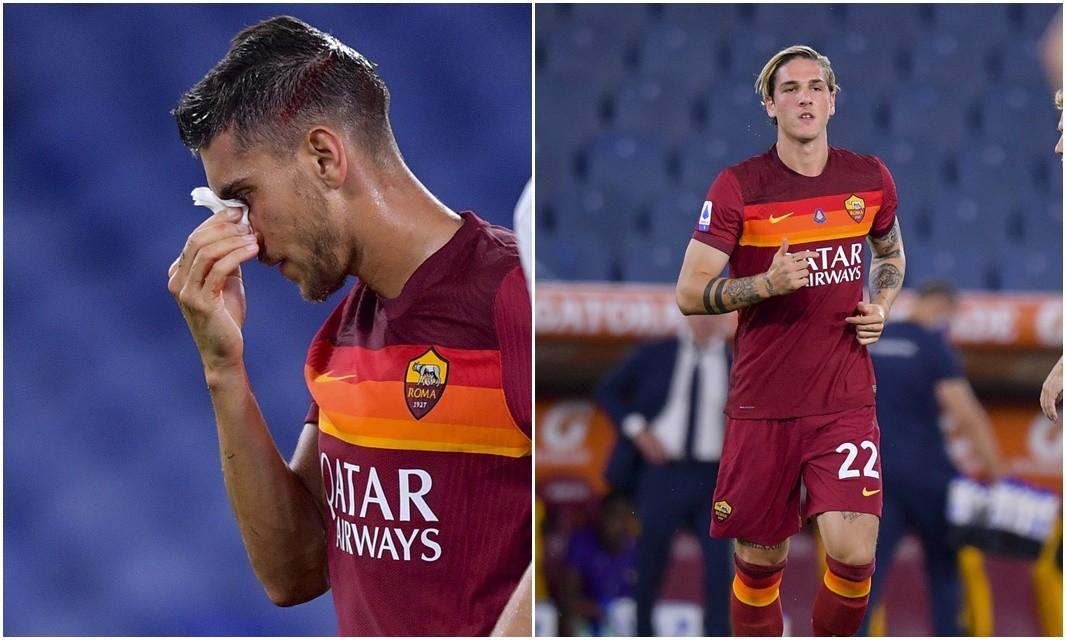 A sinistra, Lorenzo Pellegrini esce dopo la frattura del setto nasale; a destra, Zaniolo lo sostituisce, di LaPresse