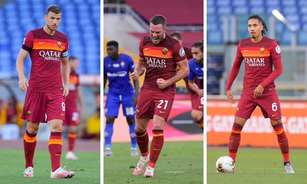 Edin Dzeko, Jordan Veretout e Chris Smalling, di LaPresse