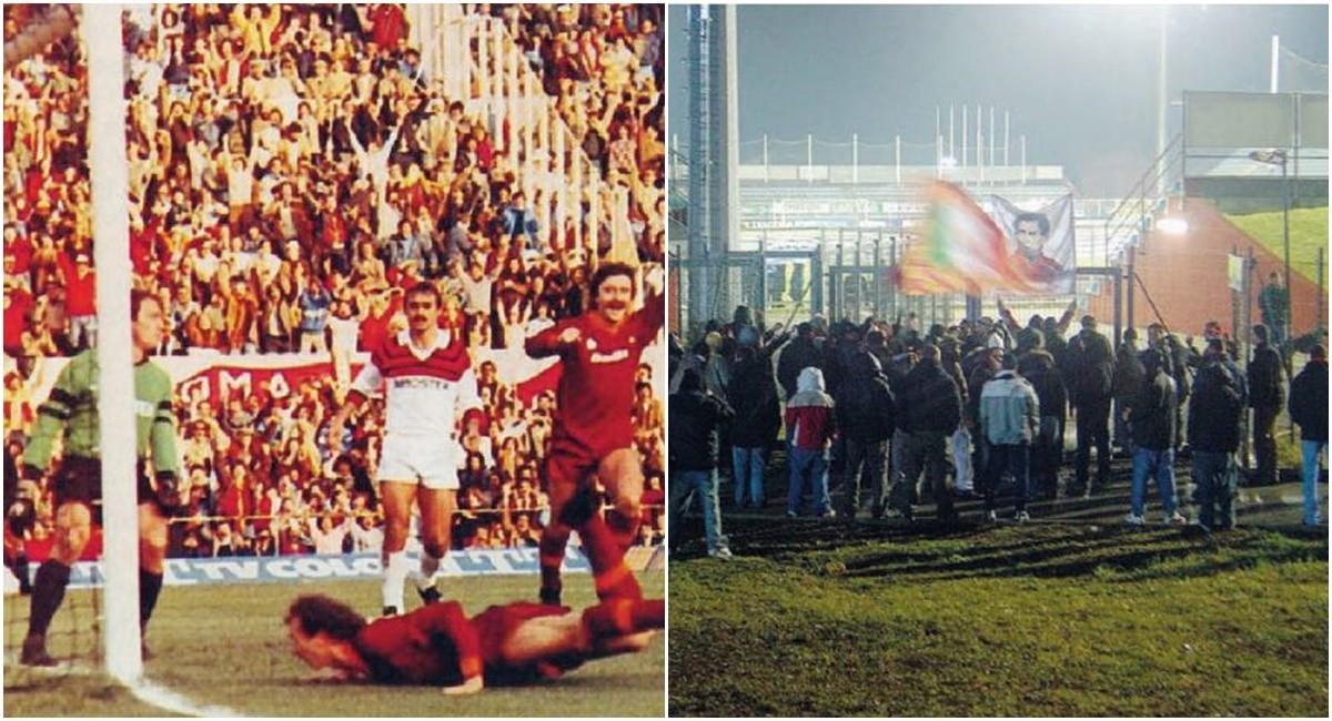 Falcao segna in tuffo durante Roma-Cagliari del gennaio 1983; i tifosi della Roma sostengono la squadra contro il Cagliari a Rieti