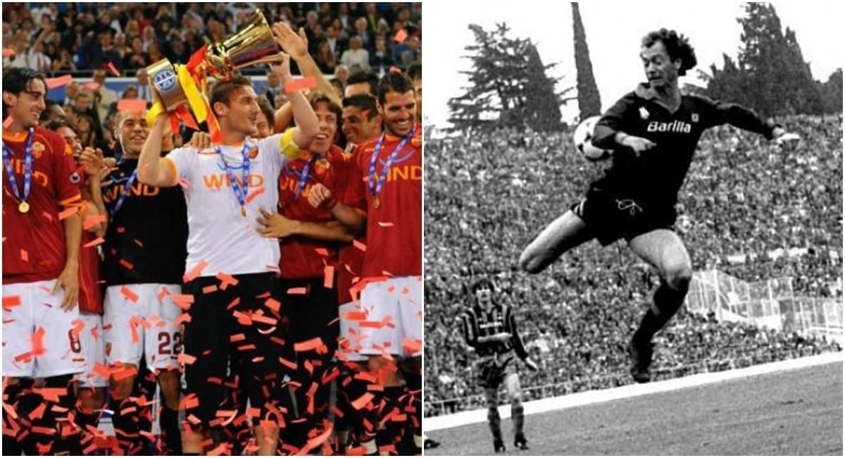 Totti alza la Coppa Italia vinta contro l'Inter nel 2008; Falcao durante un Roma-Inter nel 1982