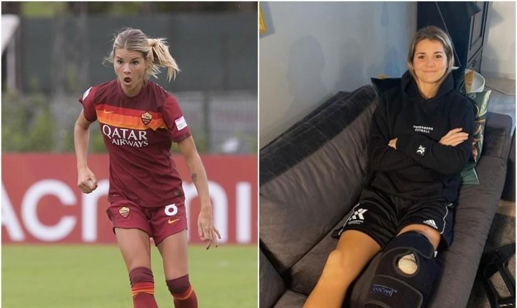 Andrine Hegerberg in campo con la Roma e oggi, il giorno dopo l'operazione, di LaPresse