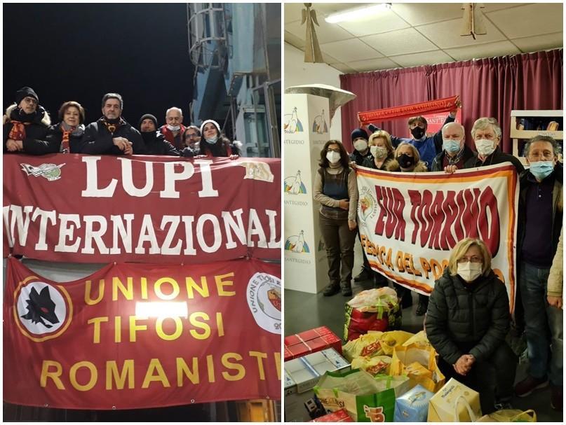 A sinistra, alcuni dei romanisti presenti ieri al Dall'Ara; a destra, il Roma Club Eur Torrino con i beni donati lo scorso anno nonostante la pandemia 
