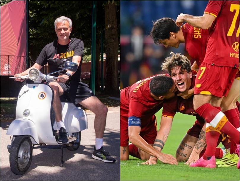 Mourinho in Vespa a Trigoria e la gioia di Zaniolo dopo il gol al Trabzonspor (As Roma via Getty Images) 