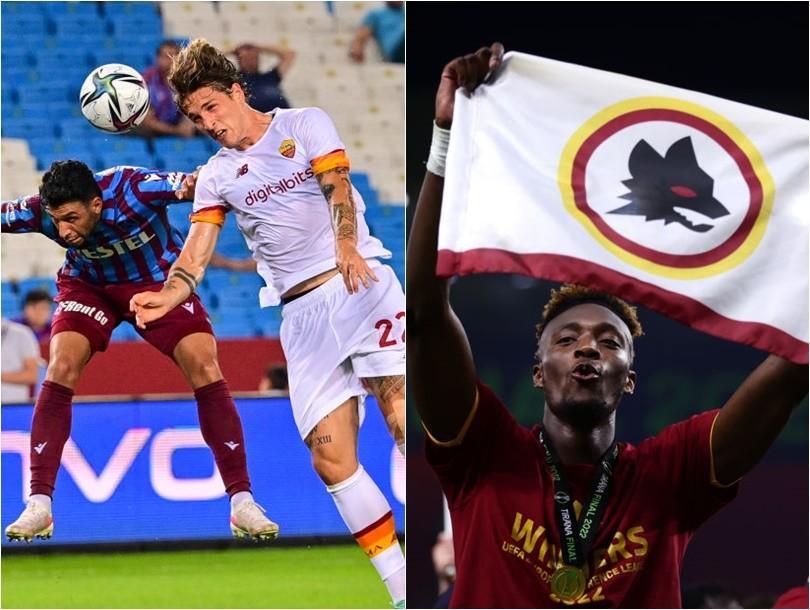 Zaniolo with a header in the first match of the season; Abraham celebrating Tirana's triumph (As Roma via Getty Images)