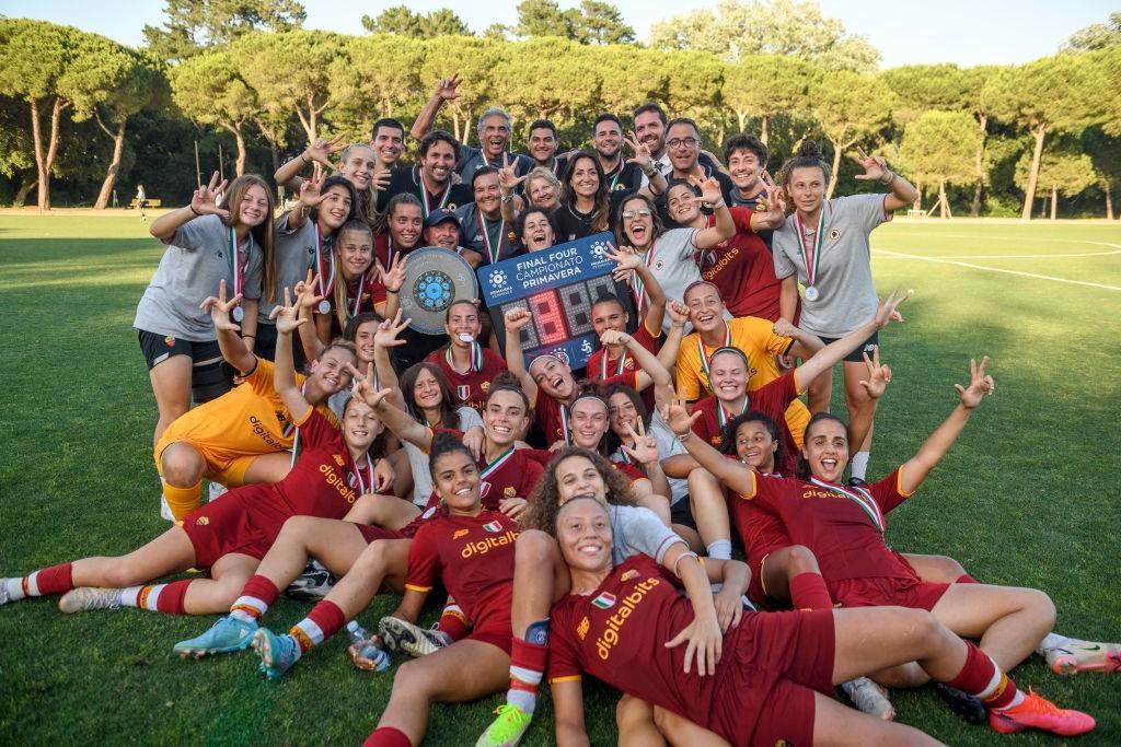 As Roma Women Primavera celebrating the third championship title in a row (As Roma via Getty Images)