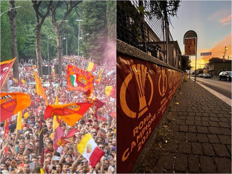 A pic of the trophy's parade (As Roma via Getty Images), and some of the banners appearing in Rome during all this summer