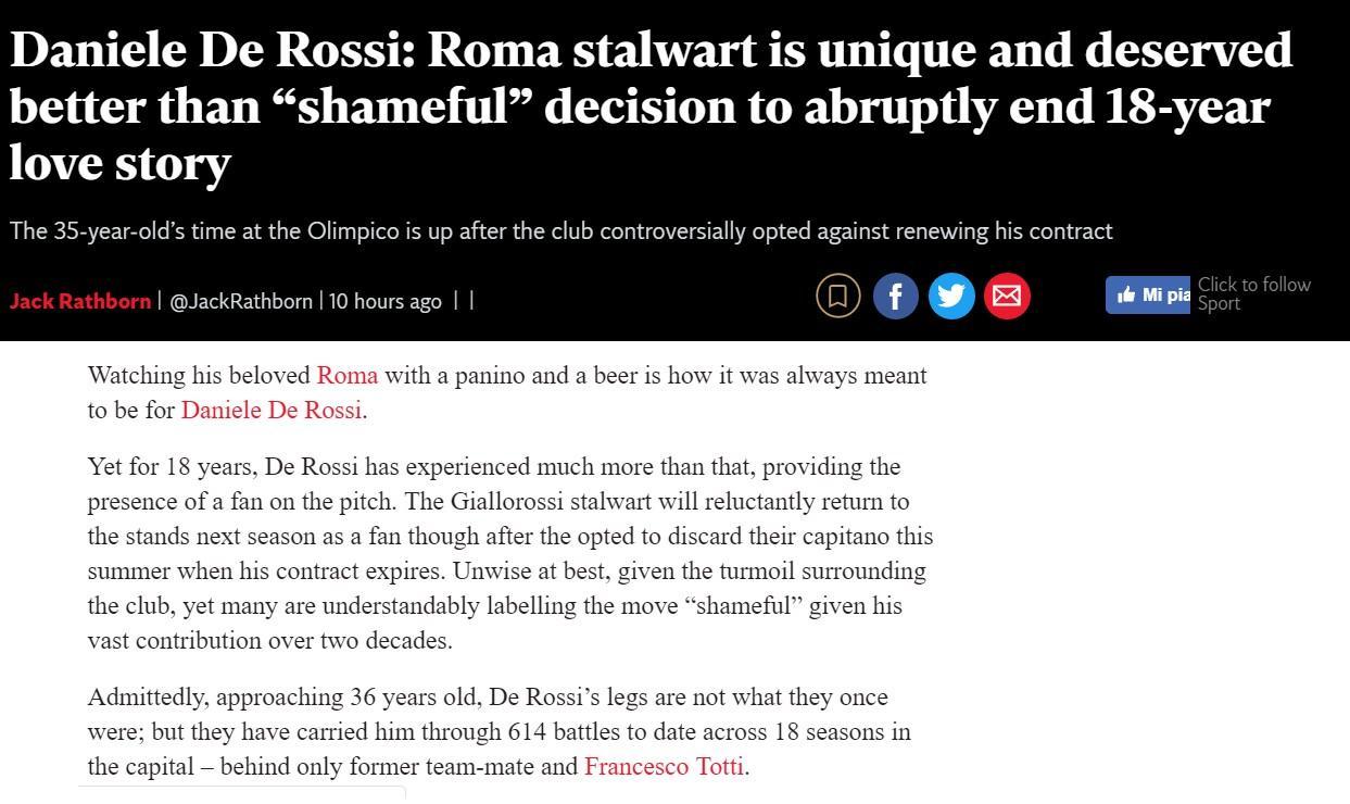 'The Independent': «Vergognoso l'addio di De Rossi, meritava di meglio»