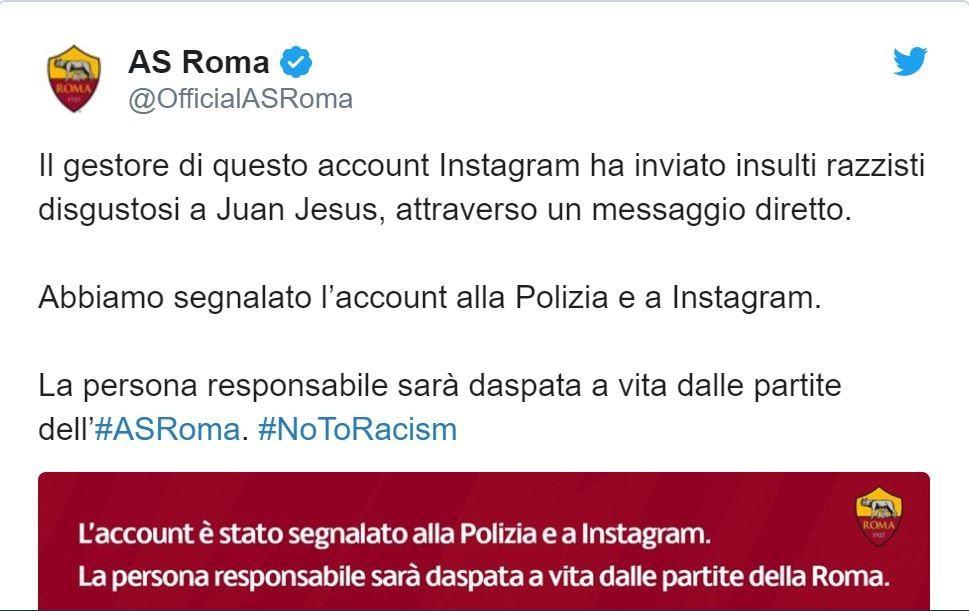 FOTO - Invia insulti razzisti a Juan Jesus, la Roma: 