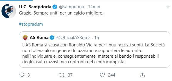 Scuse della Roma a Vieira, la Sampdoria risponde: 