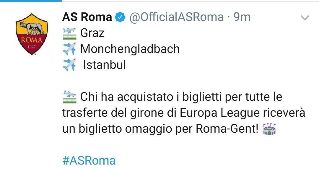 Roma-Gent, biglietto omaggio per chi ha partecipato alle tre trasferte del girone
