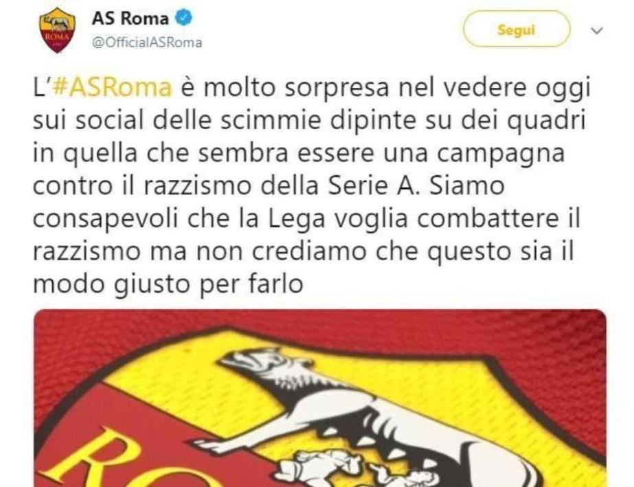 Serie A, campagna anti-razzista con le scimmie. La Roma: 