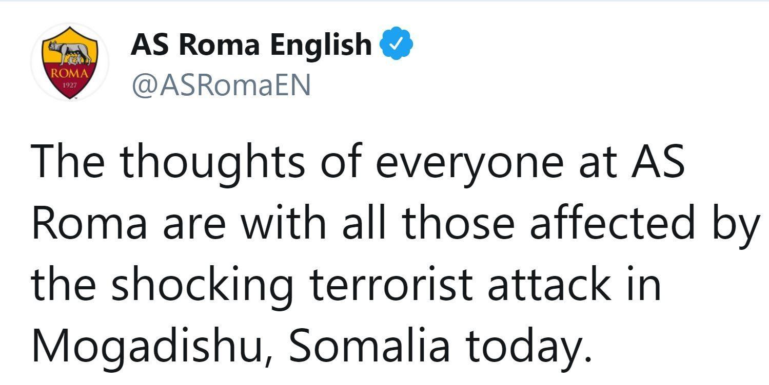 Attentato in Somalia, la Roma si unisce al cordoglio: 