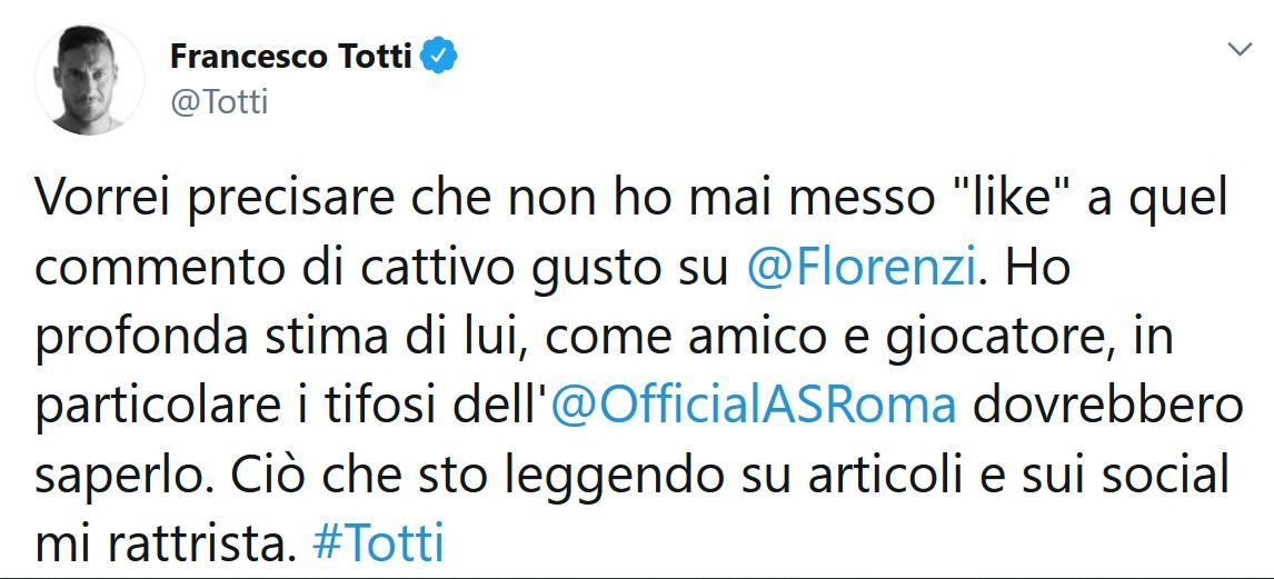 Totti smentisce il like contro Florenzi: 