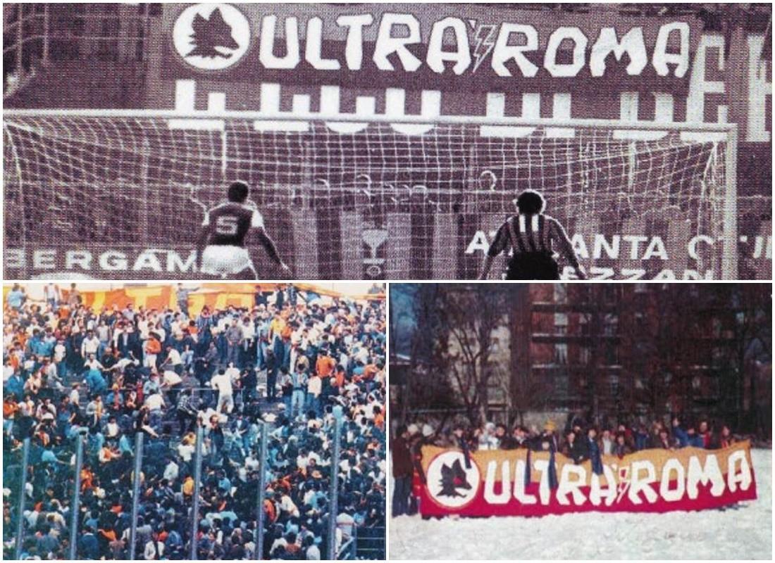 Sopra, lo striscione romanista tra quelli atlantici a Bergamo; sotto, a sinistra: gli scontri del 1984; a destra le due tifoserie 